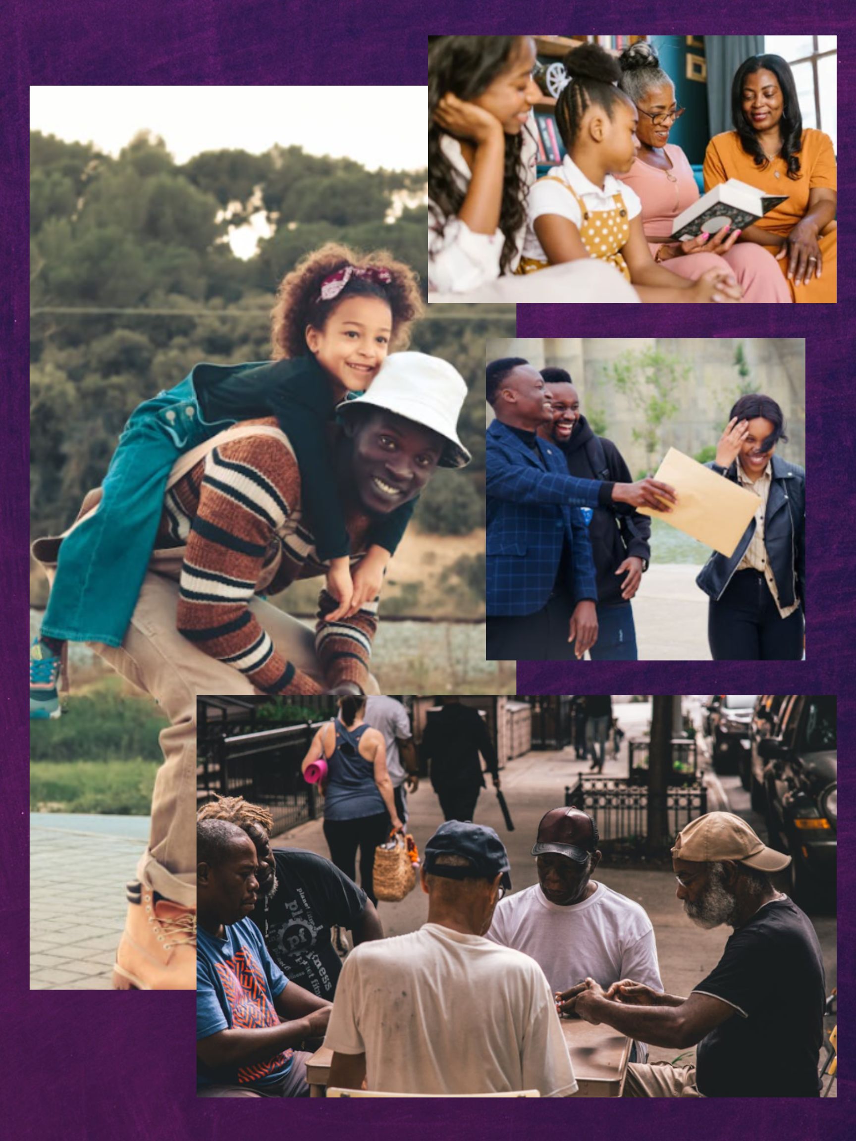 Collage of a vibrant Black community. Left: brother and sister. Top: A group of women reading together. Middle: University students laughing together. Bottom: A group of men playing cards. 